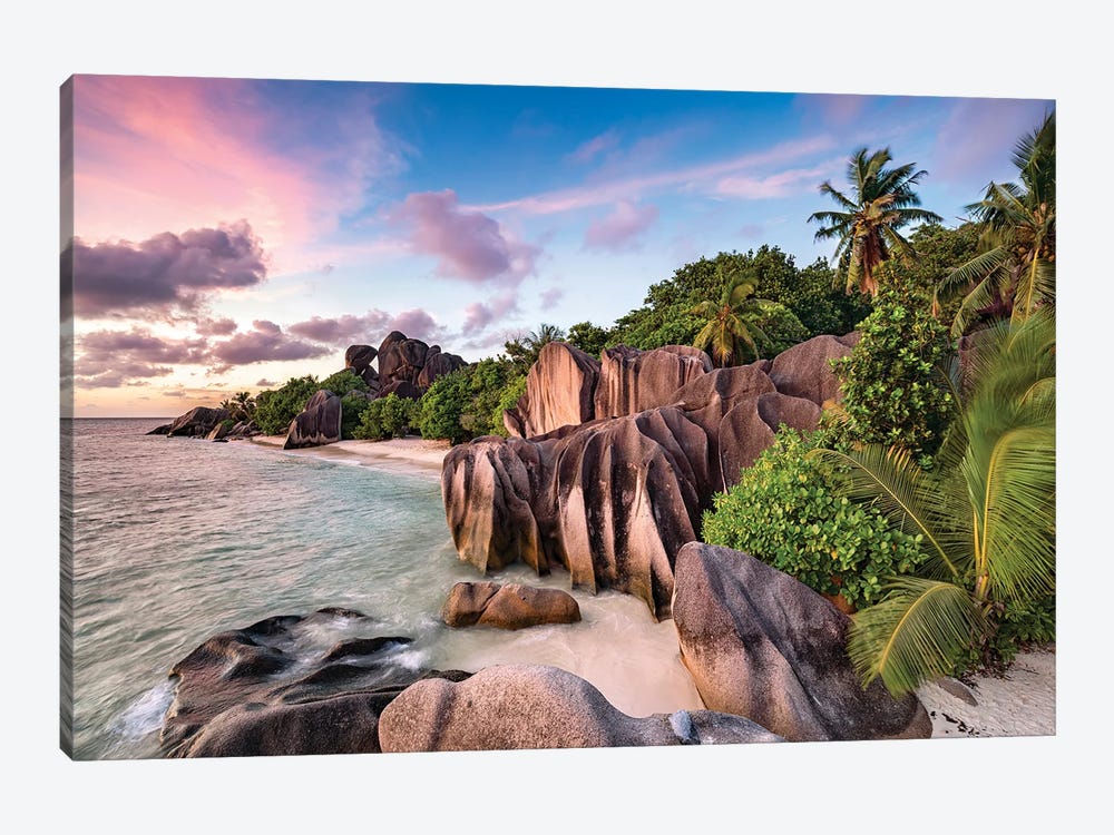 Sunset At The Beach Anse Source D'Argent, La Digue, Seychelles by Jan Becke 1-piece Canvas Artwork