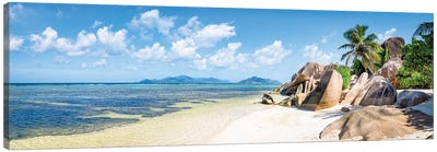Panoramic View Of The Anse Source D'Argent Beach On The Island Of La Digue, Seychelles Canvas Art Print - Tropical Beach Art