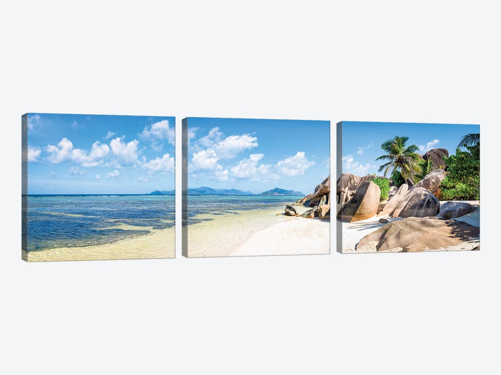 Panoramic View Of The Anse Source D'Argent Beach On The Island Of La Digue, Seychelles by Jan Becke 3-piece Canvas Art Print