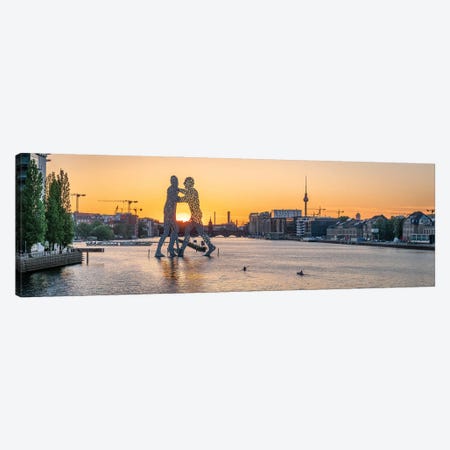 Panoramic View Of The Spree River At Sunset With Molecule Man Sculpture And Berlin Television Tower (Fernsehturm Berlin) Canvas Print #JNB1310} by Jan Becke Canvas Wall Art