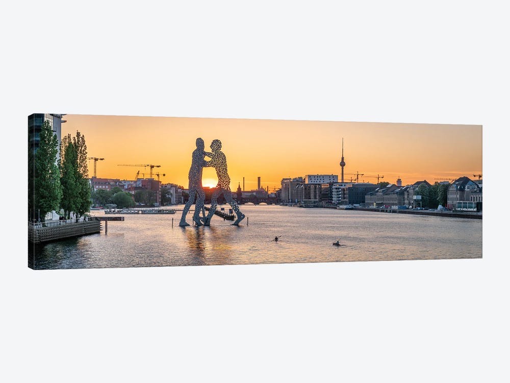 Panoramic View Of The Spree River At Sunset With Molecule Man Sculpture And Berlin Television Tower (Fernsehturm Berlin) by Jan Becke 1-piece Canvas Print