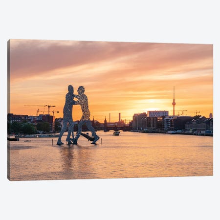 Molecule Man Sculpture On The Spree River At Sunset With Berlin Television Tower (Fernsehturm Berlin) Canvas Print #JNB1311} by Jan Becke Canvas Wall Art