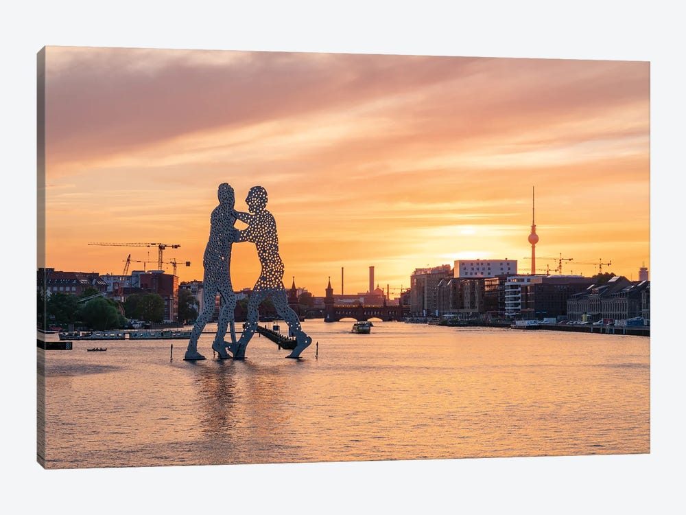 Molecule Man Sculpture On The Spree River At Sunset With Berlin Television Tower (Fernsehturm Berlin) by Jan Becke 1-piece Canvas Art