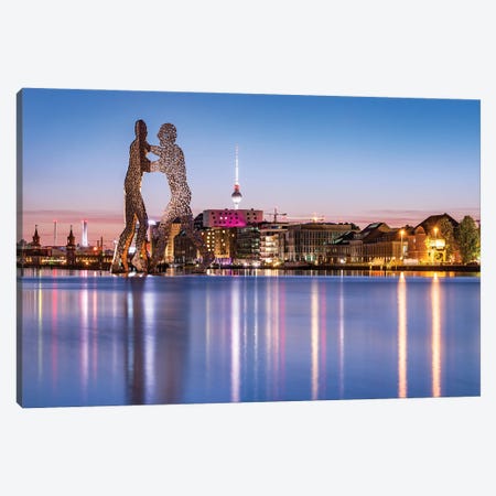 Molecule Man Sculpture On The Spree River With Berlin Television Tower (Fernsehturm Berlin) At Night Canvas Print #JNB1312} by Jan Becke Canvas Artwork