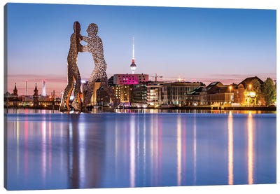 Molecule Man Sculpture On The Spree River With Berlin Television Tower (Fernsehturm Berlin) At Night Canvas Art Print - Berlin Art