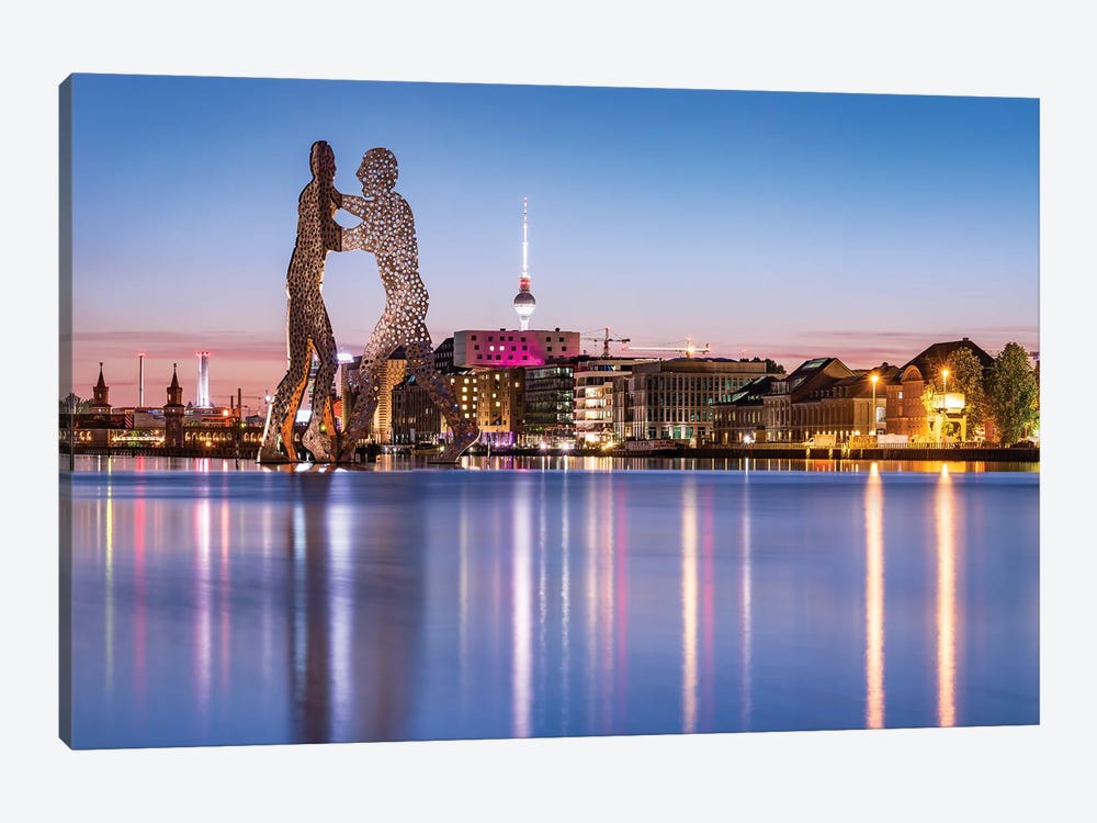Molecule Man Sculpture On The Spree River With Berlin Television Tower (Fernsehturm Berlin) At Night by Jan Becke 1-piece Canvas Print