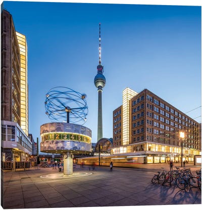 Alexanderplatz At Night With Berlin Television Tower (Fernsehturm Berlin) And World Clock (Weltzeituhr) Canvas Art Print - Berlin Art