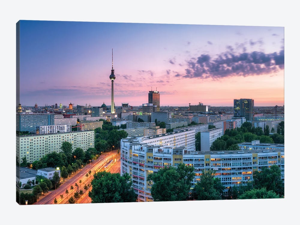 Aerial View Of The Berlin Skyline At Sunset With Television Tower (Fernsehturm Berlin) by Jan Becke 1-piece Canvas Wall Art
