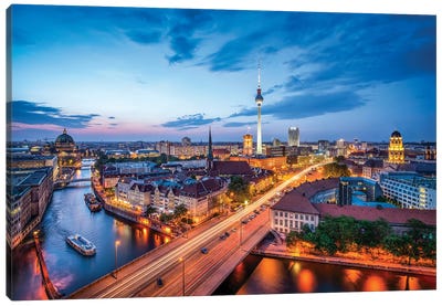Berlin Skyline With Nikolaiviertel And Berlin Television Tower (Fernsehturm Berlin) At Night Canvas Art Print - Aerial Photography