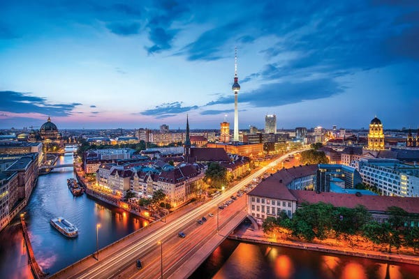 Aerial Photography: Berlin Skyline With Nikolaiviertel And Berlin Television Tower (Fernsehturm Berlin) At Night by Jan Becke