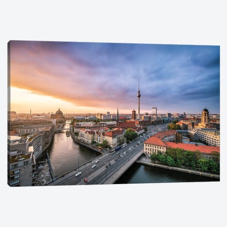 Berlin Skyline With View Of The Nikolaiviertel And Berlin Television Tower (Fernsehturm Berlin) At Sunset Canvas Print #JNB1346} by Jan Becke Canvas Art