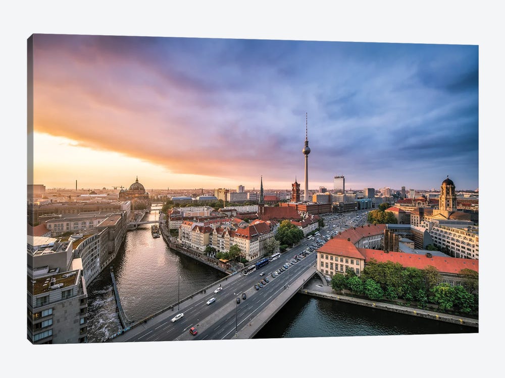 Berlin Skyline With View Of The Nikolaiviertel And Berlin Television Tower (Fernsehturm Berlin) At Sunset 1-piece Canvas Art