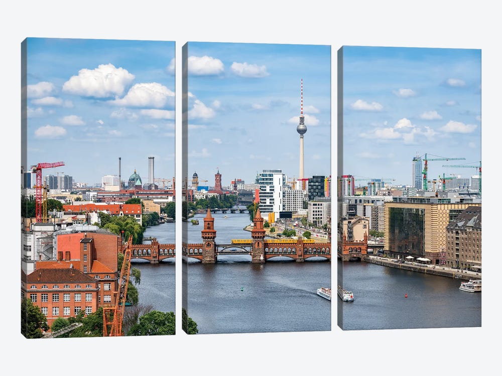 Aerial View Of The Oberbaum Bridge (Oberbaumbrücke) And Berlin Television Tower (Fernsehturm Berlin) by Jan Becke 3-piece Canvas Print
