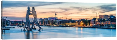 Berlin Skyline With Molecule Man Sculpture Along The Spree River At Sunset Canvas Art Print - Berlin Art