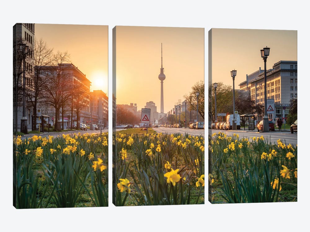 Karl-Marx-Allee And Berlin Television Tower (Fernsehturm Berlin) In Spring by Jan Becke 3-piece Canvas Art Print