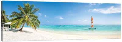 Beach Panorama On The Maldives Canvas Art Print - Palm Tree Art