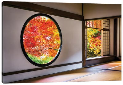Round Window At The Genko-An Temple In Kyoto, Japan Canvas Art Print - Zen Garden