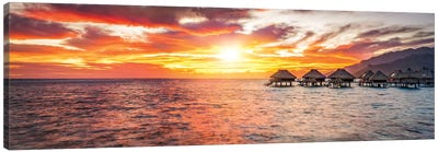 Overwater Bungalows At Sunset, Bora Bora Atoll Canvas Art Print - Sunrises & Sunsets Scenic Photography