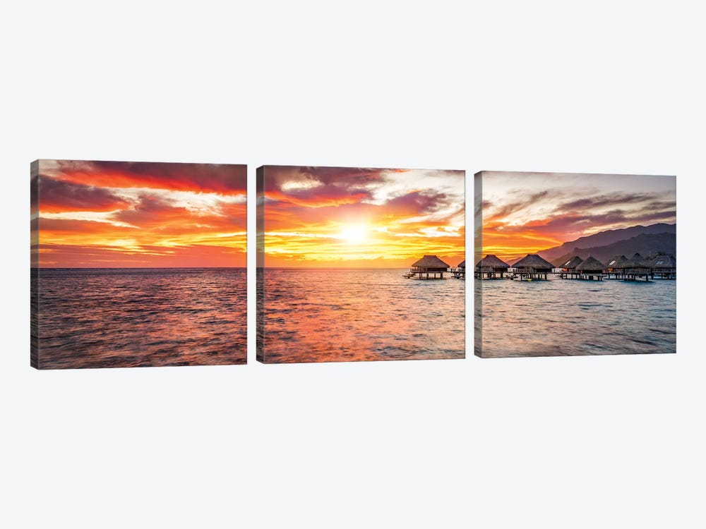 Overwater Bungalows At Sunset, Bora Bora Atoll by Jan Becke 3-piece Canvas Artwork