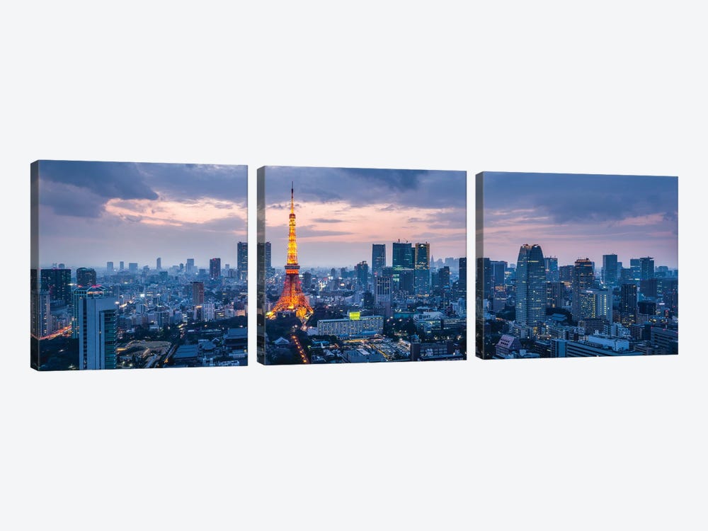 Tokyo Skyline Panorama At Night With Tokyo Tower by Jan Becke 3-piece Canvas Artwork