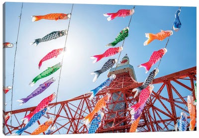 Colourful Carp Flags As Decoration During The Children's Day , Tokyo Tower, Japan Canvas Art Print - Tokyo Art