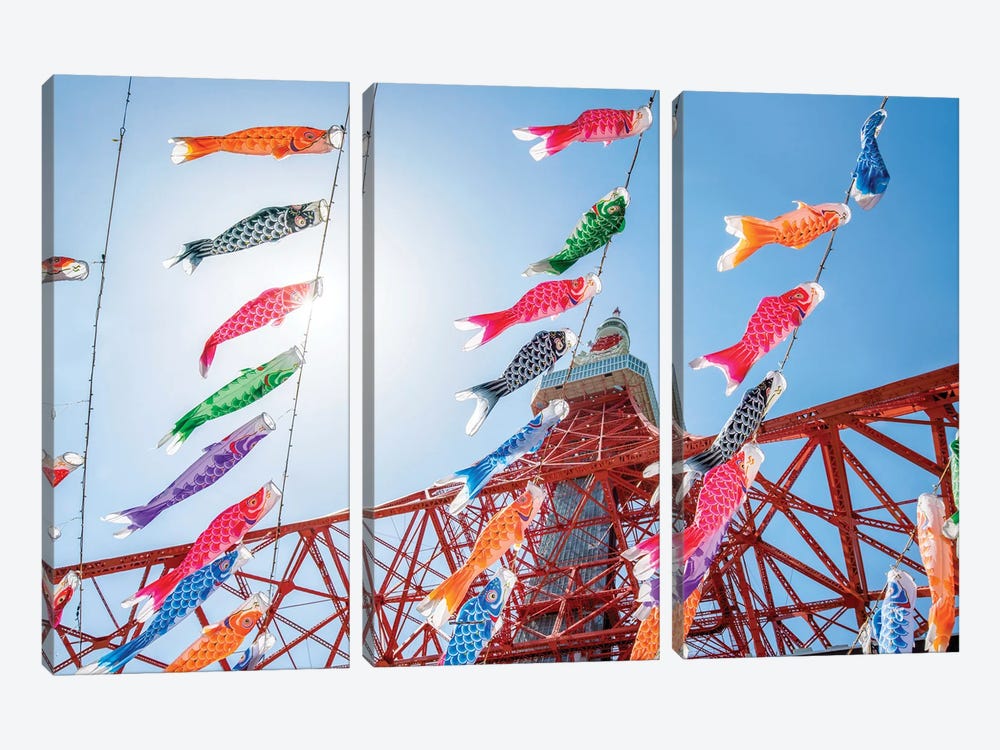 Colourful Carp Flags As Decoration During The Children's Day , Tokyo Tower, Japan by Jan Becke 3-piece Canvas Art