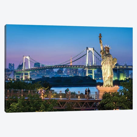 Statue Of Liberty In Front Of The Rainbow Bridge, Odaiba, Tokyo Canvas Print #JNB1456} by Jan Becke Canvas Wall Art