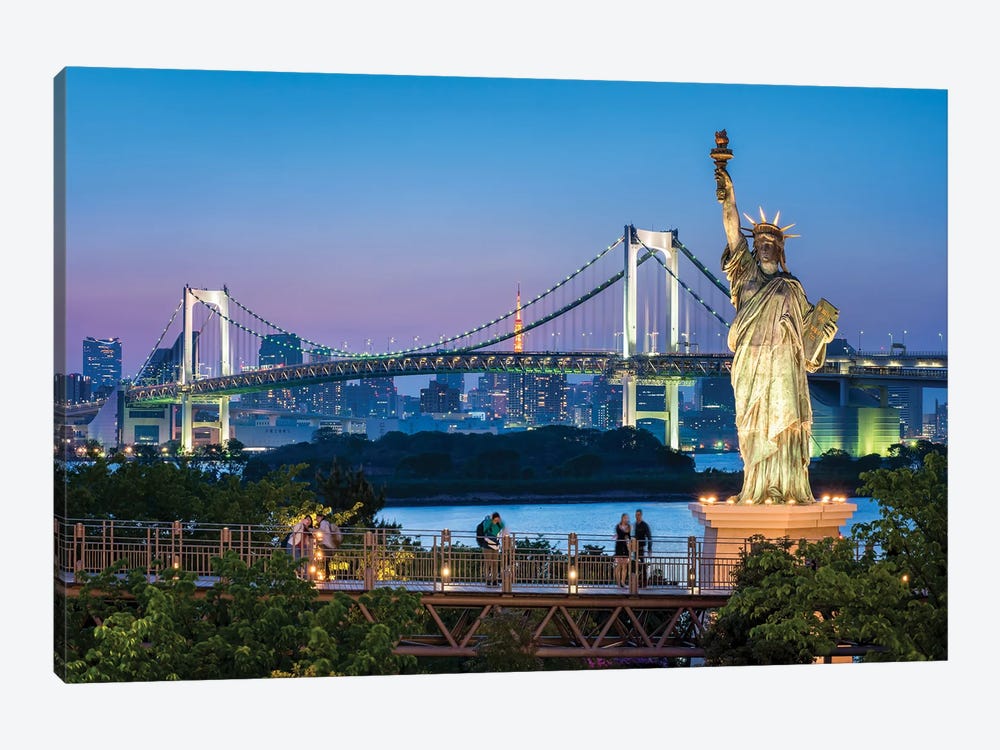 Statue Of Liberty In Front Of The Rainbow Bridge, Odaiba, Tokyo by Jan Becke 1-piece Canvas Wall Art