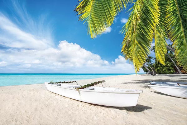 Calm: Boat At The Beach On Bora Bora by Jan Becke