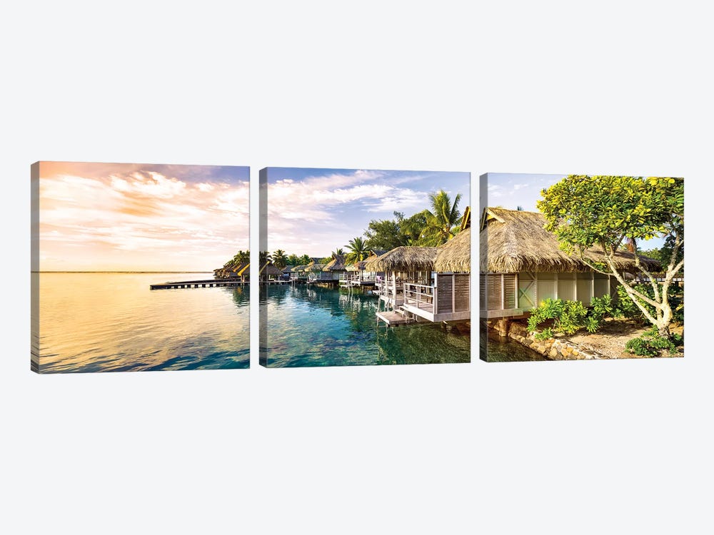 Overwater Villas At Sunset, Moorea Island, French Polynesia by Jan Becke 3-piece Art Print