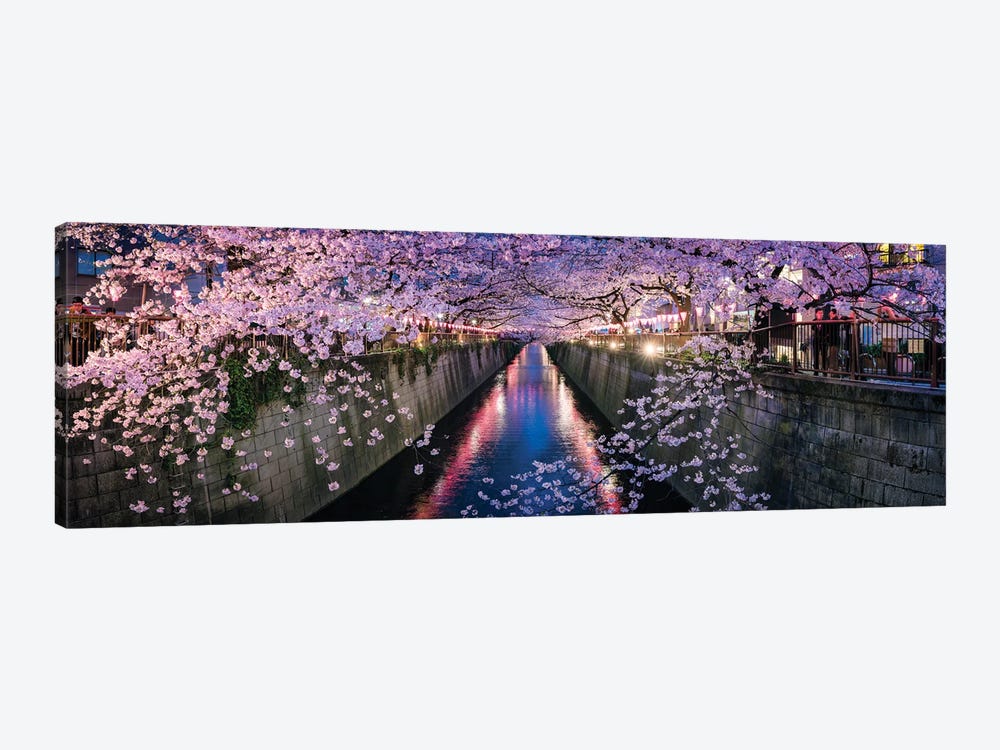 Panoramic View Of A Canal At The Nakameguro Cherry Blossom Festival In Tokyo by Jan Becke 1-piece Canvas Art Print