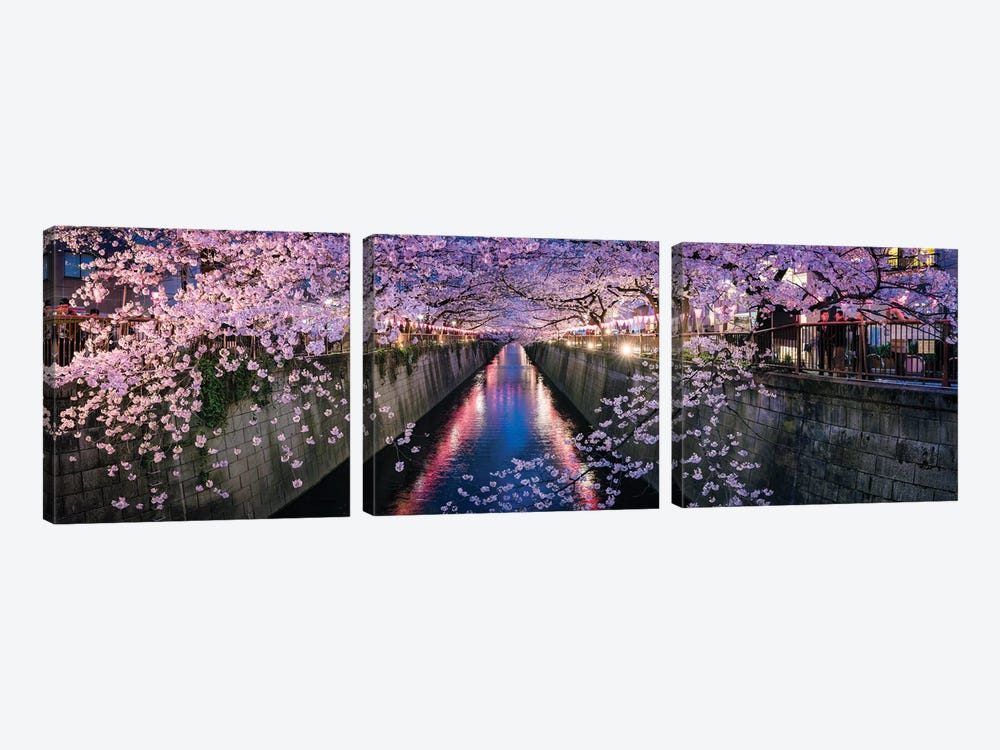 Panoramic View Of A Canal At The Nakameguro Cherry Blossom Festival In Tokyo by Jan Becke 3-piece Canvas Art Print