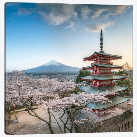 Chureito Pagoda And Mount Fuji During Cherry Blossom Season, Fujiyoshida, Japan Canvas Print #JNB1487} by Jan Becke Canvas Print