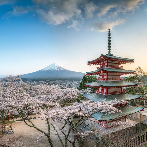 Fujiyoshida: Chureito Pagoda And Mount Fuji During Cherry Blossom Season, Fujiyoshida, Japan by Jan Becke