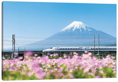 Tokaido Shinkansen Bullet Train Passing By Mount Fuji, Yoshiwara, Shizuoka Prefecture, Japan Canvas Art Print