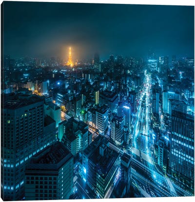 Tokyo At Night With Illuminated Tokyo Tower Canvas Art Print - Aerial Photography