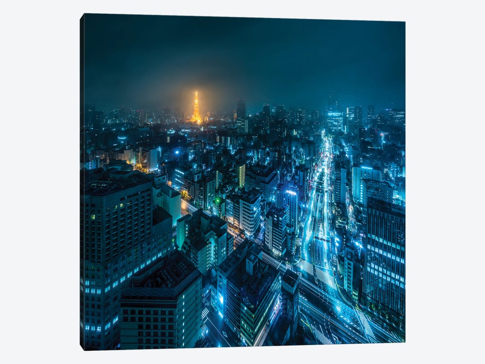 Tokyo At Night With Illuminated Tokyo Tower by Jan Becke 1-piece Canvas Art