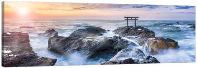Torii Of The Oarai Isosaki Shrine At Sunrise Canvas Art Print - Beach Sunrise & Sunset Art