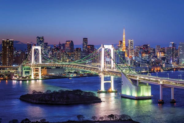 Bridges: Rainbow Bridge And Tokyo Tower At Night, Odaiba, Tokyo, Japan by Jan Becke