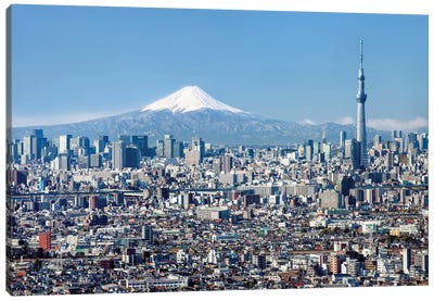 Tokyo Skyline With Mount Fuji And Tokyo Skytree Canvas Art Print - Aerial Photography