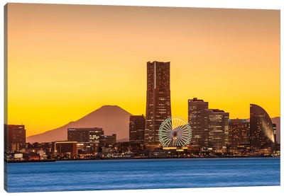 Yokohama Skyline At Sunset With Mount Fuji Canvas Art Print