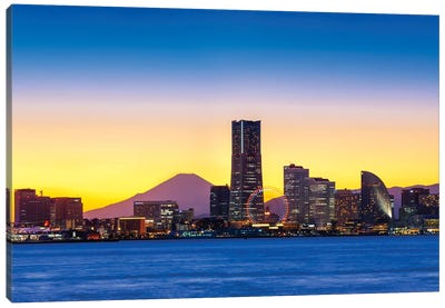 Yokohama Skyline At Sunset With Mount Fuji In The Background Canvas Art Print