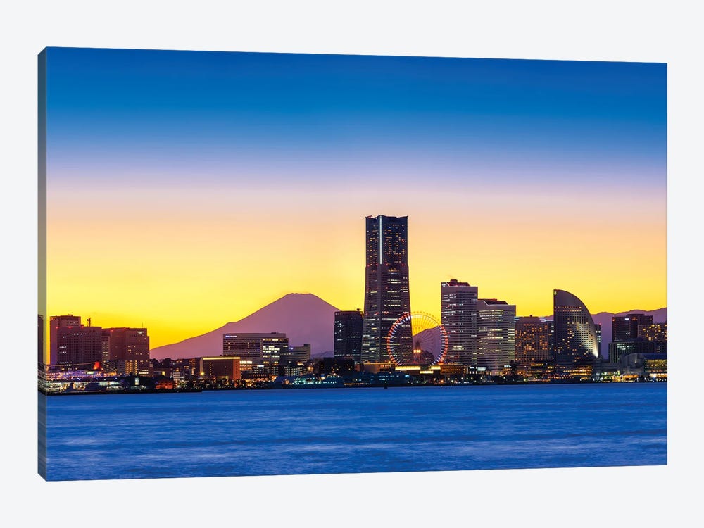 Yokohama Skyline At Sunset With Mount Fuji In The Background by Jan Becke 1-piece Canvas Wall Art