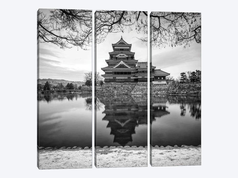 Matsumoto Castle In Black And White by Jan Becke 3-piece Canvas Art Print