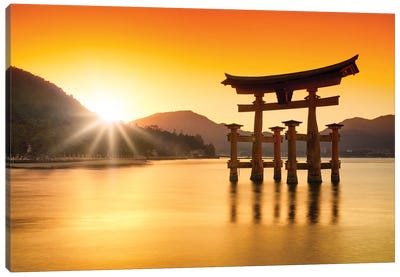 Torii Gate At Sunset, Miyajima Island, Japan Canvas Art Print - Lake Art
