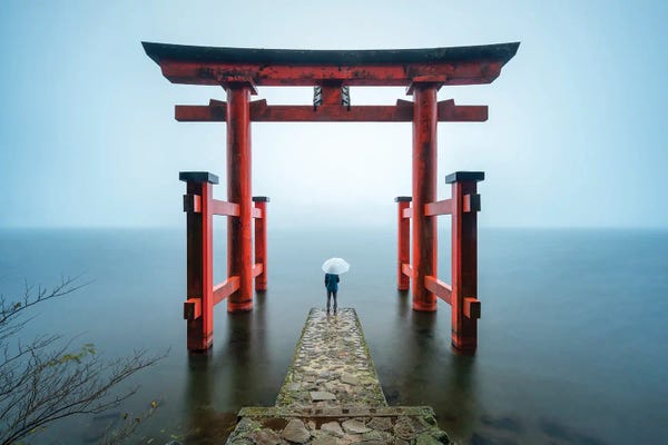 Gates: Torii Gate Of The Hakone Shrine At Lake Ashi by Jan Becke