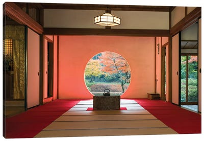 Tea Room With Round Window At The Fukugenzan Meigetsu-In Temple, Kita-Kamakura, Kanagawa Prefecture, Japan Canvas Art Print - Zen Garden