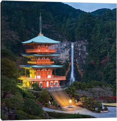 Three-Story Pagoda With Nachi Falls In The Background, Kumano Nachi-Taisha, Japan Canvas Art Print - Pagodas