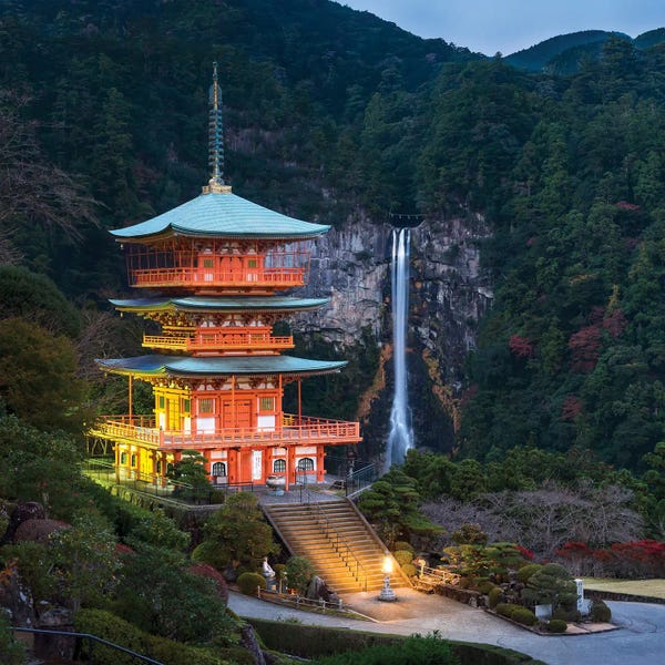 Pagodas: Three-Story Pagoda With Nachi Falls In The Background, Kumano Nachi-Taisha, Japan by Jan Becke