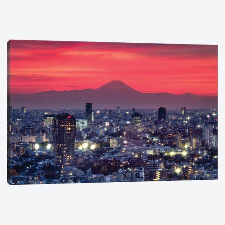Tokyo Skyline At Sunset With View Of Mount Fuji Canvas Print #JNB1634} by Jan Becke Canvas Art
